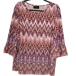 Bob Mackie Women 1X Chevron Popover Top Stretch Maximalist Colorful Bell Sleeve